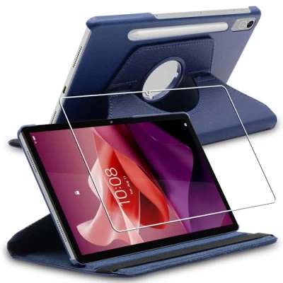 Abbildung von ebestStar Hülle für Lenovo Tab P12 (2023), Drehbar Schutzhülle, PU Lederhülle, Rotierende Ständer Etui, Rotating Case Cover, Dunkelblau + Panzer Schutz Glas
