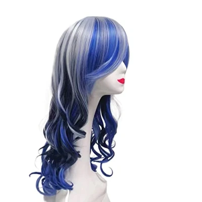 Abbildung von Prettyland Damen lange Perücke mehrfarbig bunt Regenbogen Welle Locken Cosplay Event Party Wig blau lila c1668