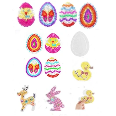 Abbildung von Happy Price Toys Midi 5mm Bügelperlen Stiftplatten Set Ostern, 4 Transparent mit 7 Vorlagen, Ente, Hase, Ei, Reh