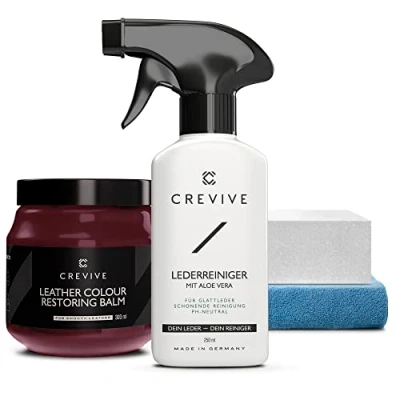 Abbildung von CREVIVE Lederreiniger 250 ml &amp; Leder Reparatur Set Kirschrot 300 (Rot) Lederpflege Auto Lederreparatur Sofa Autositz
