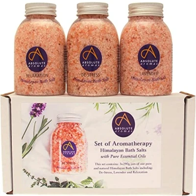 Abbildung von Absolute Aromas Rosa Himalaya Badesalz Set Stressabbau, Lavendel und Entspannung 3 x 290 g Jar Salze mit ätherischen Ölen