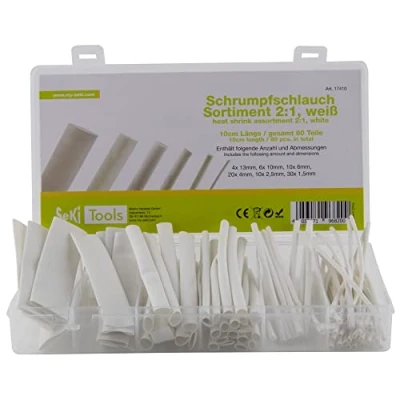 Abbildung von SeKi 17410 2:1 Teile weiß Schrumpfschlauch Sortiment in der Farbe 80 teilig 6 Größen (30 x 1, 10 2,5mm, 20 4mm, 6mm, 10mm, 4 13mm) je 10cm Lang