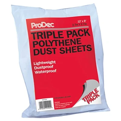 Abbildung von 3er Pack Leichter, 3,6 m x 2,7 großer ProDec Advance Poliethylen Staubschutzfolie, Staub /wasserdicht, zum Abdecken/Schützen von Böden/Möbeln vor Flüssigkeiten/Spritzern beim Malen und Dekorieren