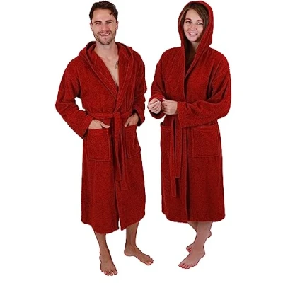 Abbildung von Betz Baumwolle Bademantel mit Kapuze für Herren und Damen Saunabademantel langer Saunamantel Farbe dunkelrot Größe L/XL FULDA