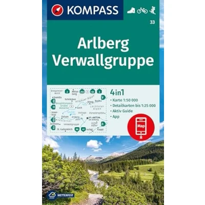 Abbildung von KOMPASS Wanderkarte 33 Arlberg, Verwallgruppe 1:50.000: 4in1 mit Aktiv Guide und Detailkarten inklusive Karte zur offline Verwendung in der App. Fahrradfahren. Skitouren.