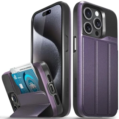 Abbildung von VENA vCommute Brieftaschen Schutzhülle für Apple iPhone 15 Pro (6,1 Zoll), militärischer Fallschutz, Leder, Kartenschlitz, Halter mit Ständer, Dunkelviolett
