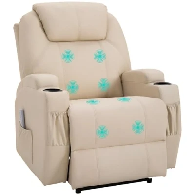 Abbildung von HOMCOM elektrischer Massagesessel Relaxsessel Fernsehsessel Massagefunktion Liegefunktion Kunstleder Holz Metall Schaumstoff Beige 82 x 97 110 cm