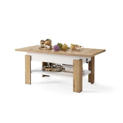 Abbildung von All4All Couchtisch Rino Kaffeetisch Wohnzimmertisch mit Ablage Sofatisch ausziehbar bis 170cm höhenverstellbar 130x65cm 05 Wotan Eiche + Weiß