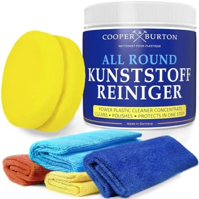 Abbildung von Kraftvoller Kunststoff Intensiv Reiniger Konzentrat 0,5 kg Reinigungsmittel für strahlende Sauberkeit Entfernt mühelos Schmutz &amp; Flecken von COOPER BURTON (REINIG. + 4 Tücher Schwamm)