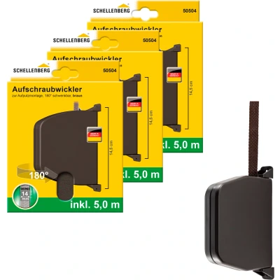 Abbildung von SCHELLENBERG Aufputz Gurtwickler Aufschraubwickler für das Rollladensystem Mini, Gurtbreite 14 mm, Set, 3 tlg., schwenkbar, mit vormontiertem Rollladengurtband, braun oder weiß