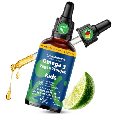 Abbildung von VitaminFit Kinder Omega 3 Tropfen Nahrungsergänzung für Flüssig DHA EPA ALA Fischfrei 100% Pflanzlich Vegan 50 ml