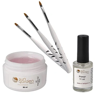 Abbildung von Sun Garden Nails UV Gel 30 ml Fiberglas Rosé Klar + Pinselset Primer
