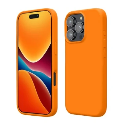 Abbildung von kwmobile Hülle kompatibel mit iPhone 16 Pro Max Silikon Handy Case Handyhülle weiche Oberfläche kabelloses Laden Fruity Orange