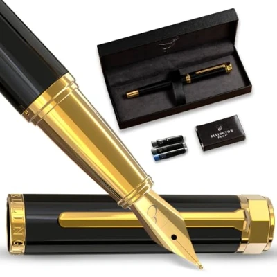 Abbildung von Ellington Pens Luxus Füllfederhalter Set glatte, Spitze inklusive nachfüllbarem Tintenkonverter, 3 Tintenpatronen [Schwarz und Blau], Geschenkbox elegante Kalligrafie