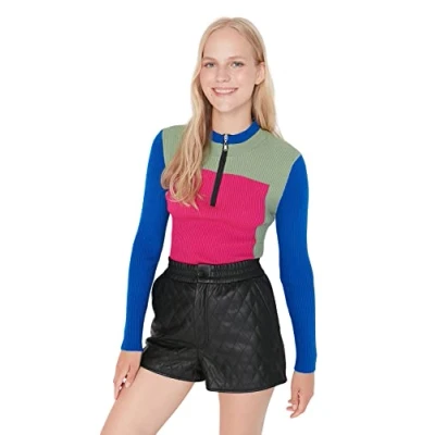 Abbildung von TRENDYOL Damen Colorblock Pullover With Stand up Collar Sweatshirt, Fuchsia, L EU