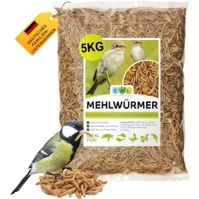 Abbildung von EWL Naturprodukte Mehlwürmer getrocknet 5kg (32,5 ltr). Insektensnack Vögel, Fische, Schildkröten, Nager, Igel, Reptilien, Vogelfutter Wildvögel Ganzjährig Eichhörnchen Futter Hamsterfutter Igelfutter