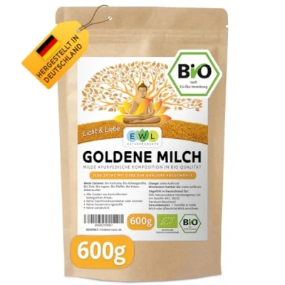 Abbildung von EWL Naturprodukte Bio Goldene Milch 600g, Golden Milk mit Kurkuma, Ingwer, Ashwaganda, Ceylon Zimt, Pfeffer, Kokosblütenzucker