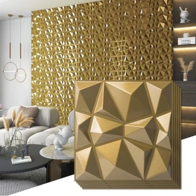 Abbildung von Art3d 3D Diamant Design Panel für Innendekoration, Wohnzimmer, TV Wandhintergrund, Schlafzimmer, Gaming Setup, 30 x cm, Gold, 33 Stück