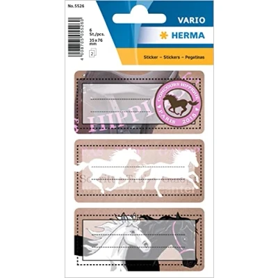 Abbildung von HERMA 5526 Buchetiketten zum Beschriften Pferde, 6 Stück, 76 x 35 mm, selbstklebend, liniert, Buchaufkleber für Schule Kinder Mädchen Jungen, mehrfarbige Heftetiketten Aufkleber, bunt