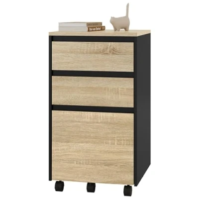 Abbildung von WOLTU mobiler Aktenschrank, Schrank für Aktenordner, Aufbewahrungsschrank im Büro, Büroschrank mit Rollen, Rollcontainer 3 Schubladen, helle Eiche schwarz, 40x70x40cm, ASK01hei
