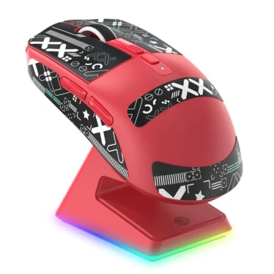 Abbildung von VGN Game Power Attack Shark X6 Superlight Kabellose Gaming Maus mit RGB Ladestation, 49g Ultraleicht Mouse, PixArt PAW3395 Sensor, 26000DPI, 2.4G/BT/Kabelgebunden, Griptape Set, G502, PC/Mac, Rot