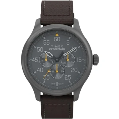 Abbildung von Timex Expedition Field Herren Armbanduhr, 43 mm, braunes Armband, schwarzes Zifferblatt, metallisch graues Gehäuse TW4B30900