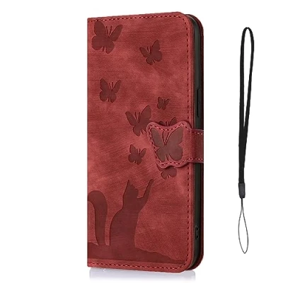 Abbildung von Nodigo EU Kompatibel für Samsung Galaxy A35 5G Leder Hülle Katze Magnetisch Kickstand mit Kartenfach Muster Motiv Design Hüllen Handyhülle Book Wallet Tasche Case Rot A