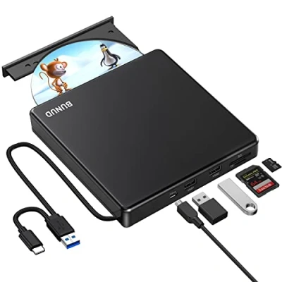 Abbildung von BUNUD Externe CD/DVD Laufwerk mit 2 USB &amp; SD/TF Slots 3.0 Type C CD DVD Brenner, Optical Laufwerke Extern für Laptop PC Windows 11 10 Mac MacBook Pro/Air iMac