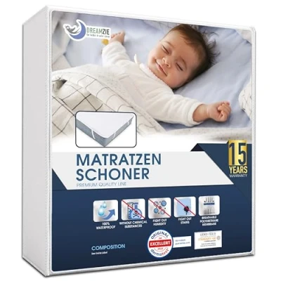Abbildung von Matratzenschoner 60x120 cm Wasserdicht Made in EU und Oeko TEX Zertifiziert von Dreamzie Atmungsaktive Matratzenauflage