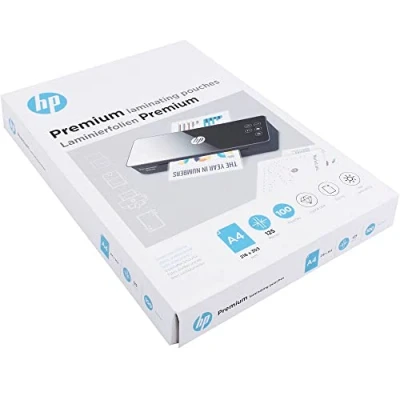 Abbildung von HP Premium Laminierfolien, DIN A4, 125 Micron, glänzend, transparent, zum Heißlaminieren, 100 Stück, 9124