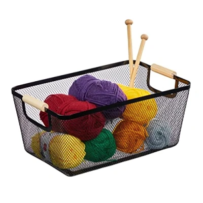 Abbildung von Relaxdays Drahtkorb mit Holzgriffen, eckig, Aufbewahrungskorb Metall, HBT 16,5 x 37 22,5 cm, Korb Küche &amp; Bad, schwarz, 70% Stahl, 30% Holz