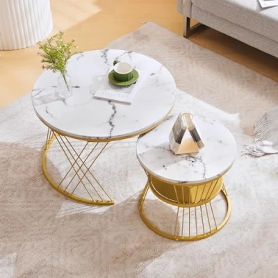 Abbildung von Merax Couchtisch 2er Set, Rund Wohnzimmertisch mit Marmor Furnier, Hochglanz Coffee Table Stauraum, für Wohnzimmer, Balkon, Metallgestell, Gold und Weiß