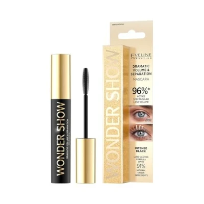 Abbildung von Eveline Cosmetics Wonder Show Volumenverstärkende &amp; Verlängernde Vegane Mascara 91% Natürliche Inhaltsstoffe, Wischfest, Pflegende Formel für Wimpernpflege