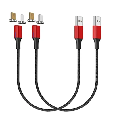 Abbildung von NetDot Gen10 Micro USB &amp; C Schnellladekabel, magnetisch, geflochten, aus Nylon mit seitlichem Del, kompatibel Android Gerät (0,3 m/2 Paket, rot)