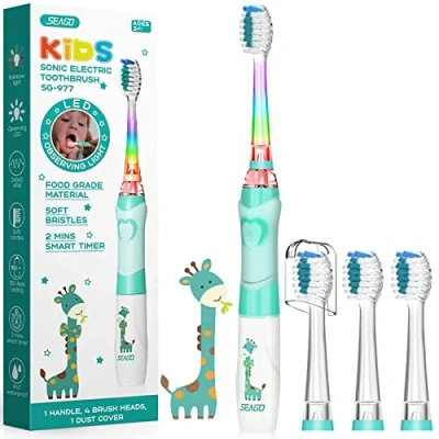 Abbildung von SEAGO Elektrische Zahnbürste Kinder ab 3 12 jahre Kinderzahnbürsten mit Farbigem Licht Smart Timer 4 Weich Bürstenköpfes Wasserdicht Baby Schallzahnbürste für Mädchen Jungen SG 977 (Grün)