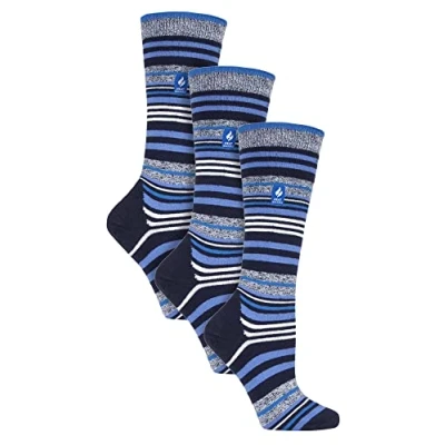 Abbildung von HEAT HOLDERS 3er Pack Damen Skisocken Atmungsaktiv Thermo Gestreift Kniehoch Socken mit Gepolstert (37 42, Dunkelblauer Streifen)