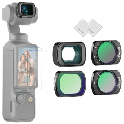 Abbildung von NEEWER ND Filter Set kompatibel mit DJI Osmo Pocket 3 Creator Combo Zubehör, Weitwinkelobjektiv, Variabler ND2 32 Graufilter, CPL Polfilter, 1/4 Black Diffusion, 2x Bildschirmschutz, Reinigungstuch