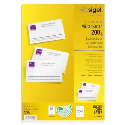 Abbildung von SIGEL DP839 bedruckbare Visitenkarten hochweiß, 150 Stück (15 Blatt), 85x55 mm, beidseitig bedruckbar und satiniert, 200 g, aus nachhaltigem Papier