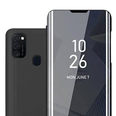 Abbildung von Cadorabo Hülle kompatibel mit Samsung Galaxy M21 / M30s in TURMALIN SCHWARZ Clear View Spiegel Schutzhülle Standfunktion 360 Grad Schutz
