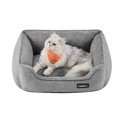 Abbildung von Feandrea Katzenbett, Hundebett, Hundekissen in Leinenoptik, erhöhte Ränder, rutschfeste Unterseite, Bezug abnehmbar waschbar, S, für Minihund, 60 x 50 21 cm, hellgrau PGW009G02