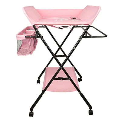 Abbildung von Baby Wickeltisch Klappbarer Wickelkommode mit 3 Fächer mobiler Wickelauflage, Sicherheitsgurt und Ablagefächern, platzsparend &amp; stabil (80 * 66 98cm (dunkelrosa))