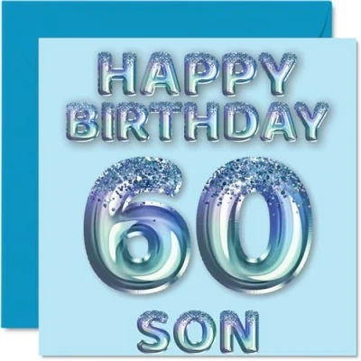 Abbildung von Geburtstagskarte zum 60. Geburtstag für Sohn, blaue Glitzer Party Luftballons, Happy Birthday Karten den 60 jährigen Sohn von Mama, Papa, Eltern, 145 mm x mm, Geburtstagsgrußkarten, Geschenk