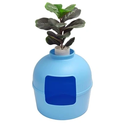 Abbildung von RHRQuality Katzentoilette Flower XXL Versteckte Für große Katzen Mit großem Eingang (51 cm) und Abnehmbarer Oberseite Frisches Blau