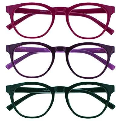 Abbildung von OPULIZE Blu Lesebrille Blaulichtfilter 3er Pack Cool Rund Rahmen Federscharniere Verbessern Den Schlaf Computer Gaming Entspiegelt Rosa Lila Grün Herren Damen BBB5 456 +2.50