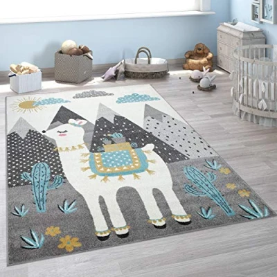 Abbildung von Paco Home Kinderteppich &quot;Nino 882&quot;, rechteckig, Spielteppich, Kurzflor, Motiv Berge &amp; Lama, Kinderzimmer