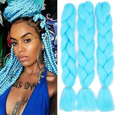 Abbildung von 24&quot; Braids Extensions Jumbo Kunsthaar 3 Bündel Kanekalon Synthetik Crochet Hair Flechthaar Afro Box Braiding (Hellblau)