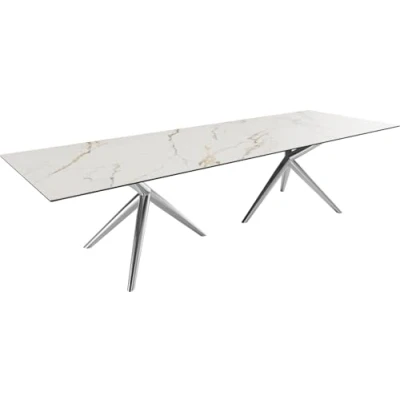 Abbildung von Esstisch Edge 300x100 Keramik Calacatta Luxe Weiß Gold Grau Estelar rund Edelstahl