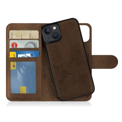 Abbildung von MyGadget Flip Case für iPhone 14 [ abnehmbare Magnet Hülle ] Handyhülle aus Kunstleder Klapphülle mit Kartenfach Schutzhülle in Braun