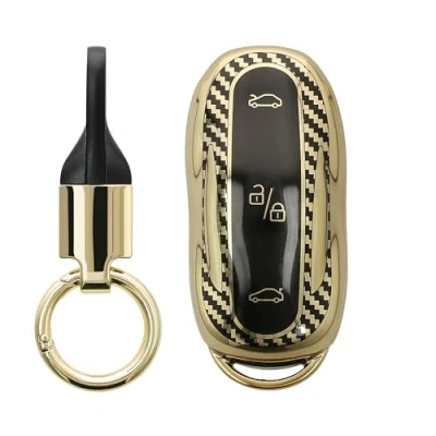 Abbildung von kwmobile Autoschlüssel Hülle kompatibel mit Tesla Model S/Model Y/Model 3 Schlüsselhülle Key Ring Anhänger Cover Gold Schwarz