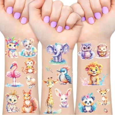 Abbildung von Tiere Glitzer Tattoo Set Kinder, 12 Blätter Fake Tattoos für Geschenke Junge Mädchen, Geburtstag Party Geschenk Kleine, Hautfreundliche Temporäre